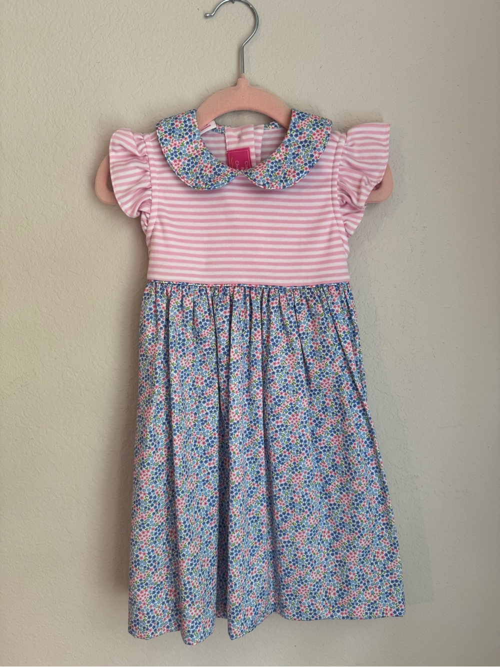 Girls' Pink Striped Bodice Floral Skirt Dress with Peter Pan Collar